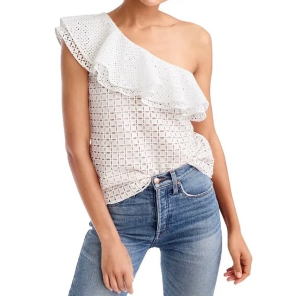 J. Crew Eyelet Lace One Shoulder Ruffle Top, in White, Size 0